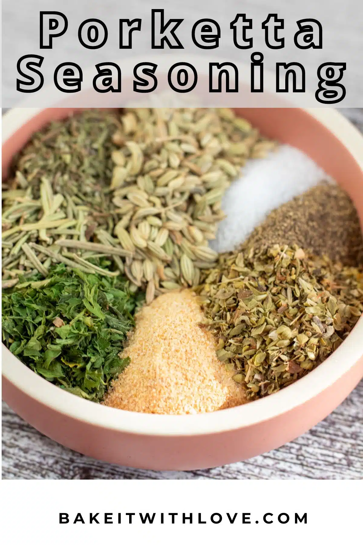 Pin image with text of spices used in porketta seasoning.