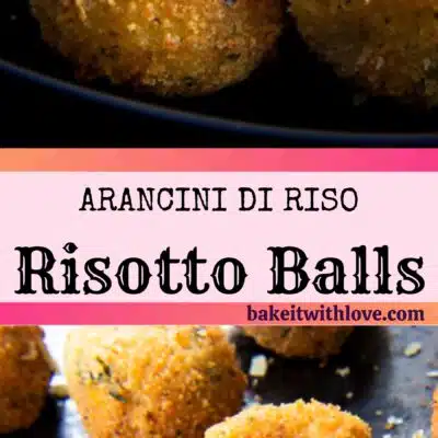 Pin split image with text of risotto balls aka arancini on a plate.