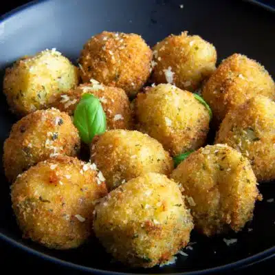 Wide image of risotto balls aka arancini on a plate.