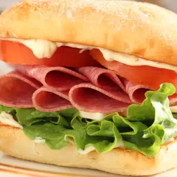 Wide image of a salami sandwich on a white plate.