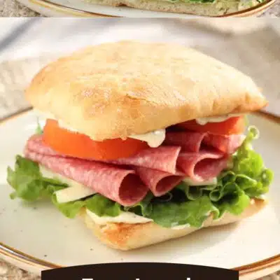 Pin image with text of a salami sandwich on a white plate.