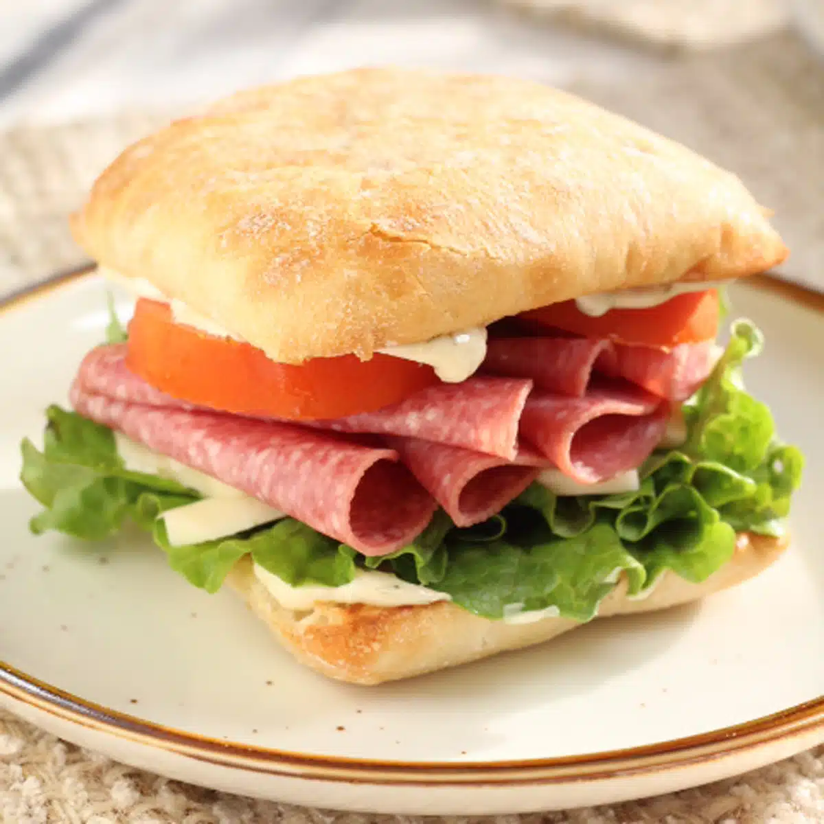 Quadratisches Bild eines Salami-Sandwiches auf einem weißen Teller.