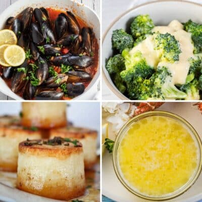 Square split image showing different ideas of what to serve with lobster tails.