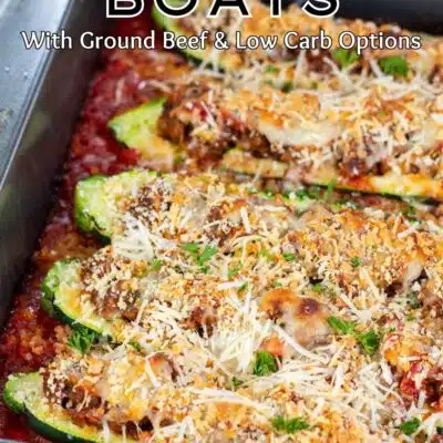Pin image with text of zucchini boats with ground beef in baking pan.