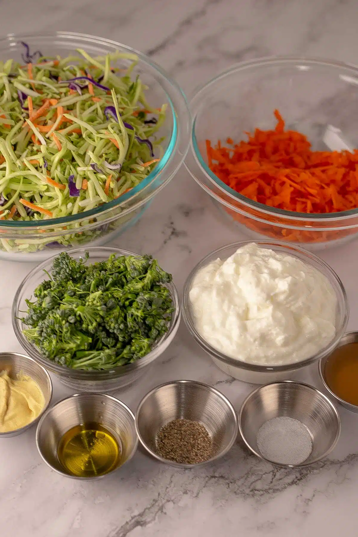 Tall image showing broccolini slaw ingredients.