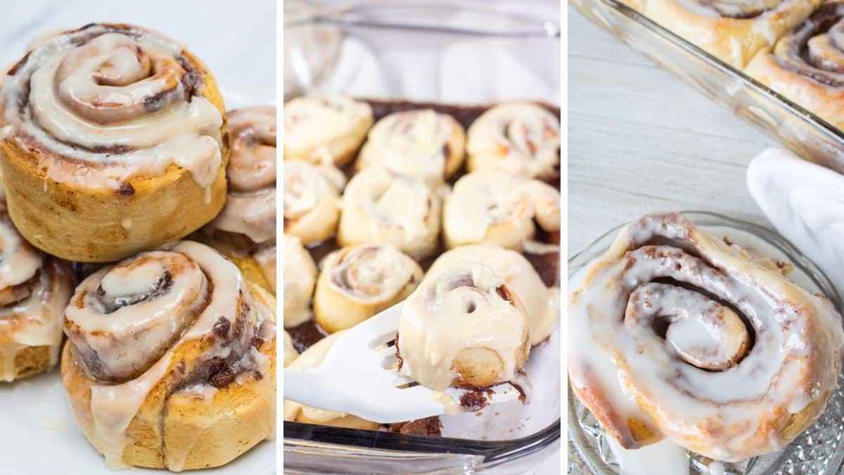 How to reheat cinnamon rolls article image featuring a trio of baked cinnamon rolls.