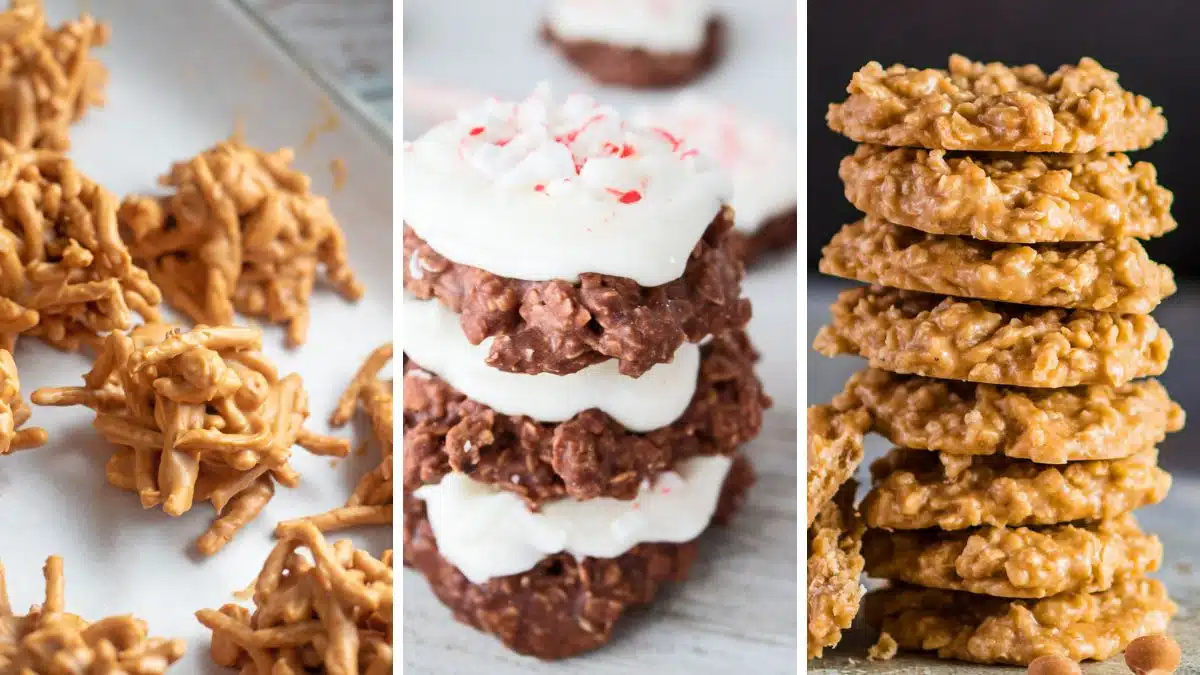 How to harden no-bake cookies for perfect treats featuring a side-by-side collage of three no-bake cookie recipes.