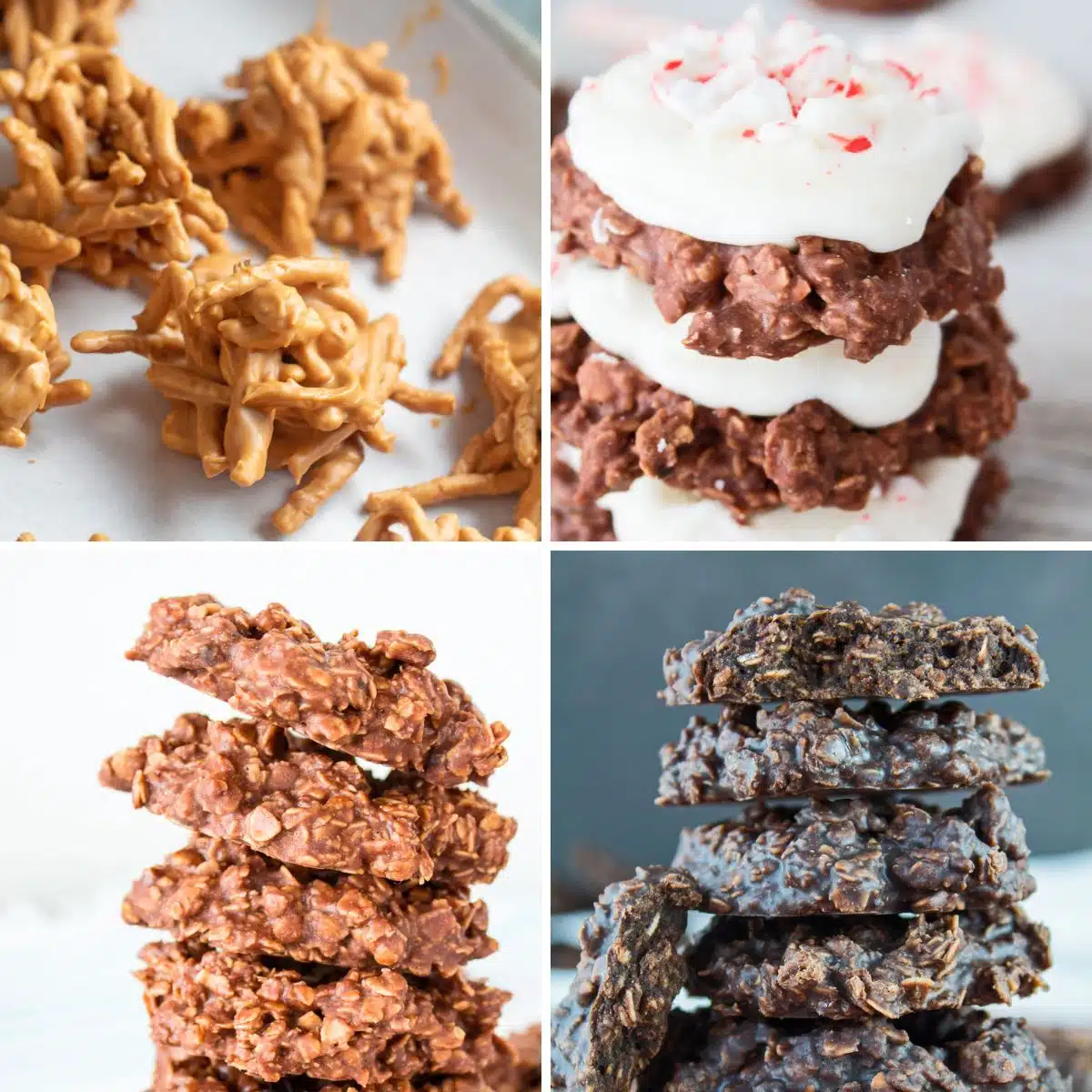 How to hrden no-bake cookies featuring a 4 pane collage image of the best no-bakes set beautifully.
