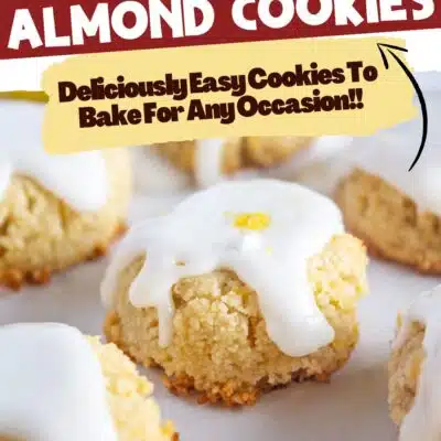 Best lemon almond cookies recipe pin with a closeup on the tender baked cookies and text heading.