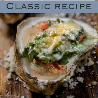 Pin image with text showing oysters Rockefeller.