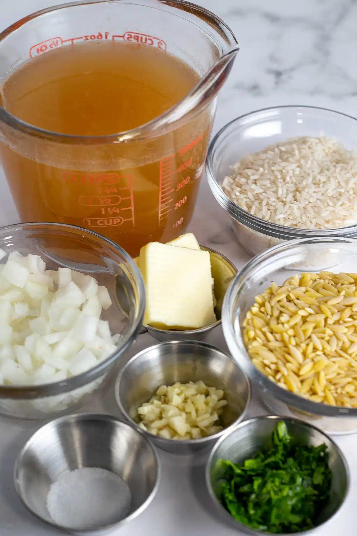 Rice pilaf ingredients measured out and ready to combine.