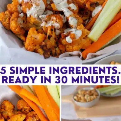 Best roasted buffalo cauliflower recipe pin with three images in a collage and text title header.