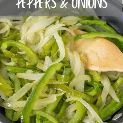 Pin image with text of sauteed peppers and onions in a skillet with a wooden spoon.