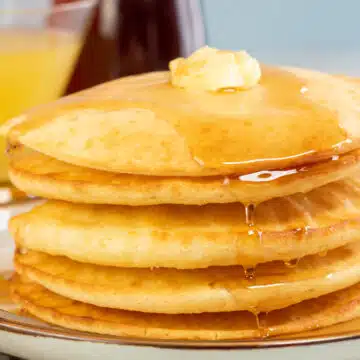 Wide image of a stack of air fryer cooked pancakes.
