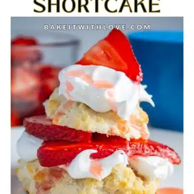 Pin image with text of Bisquick strawberry shortcake on a white plate.