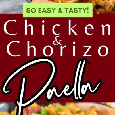Pin image with text of chicken chorizo paella in a paella pan.