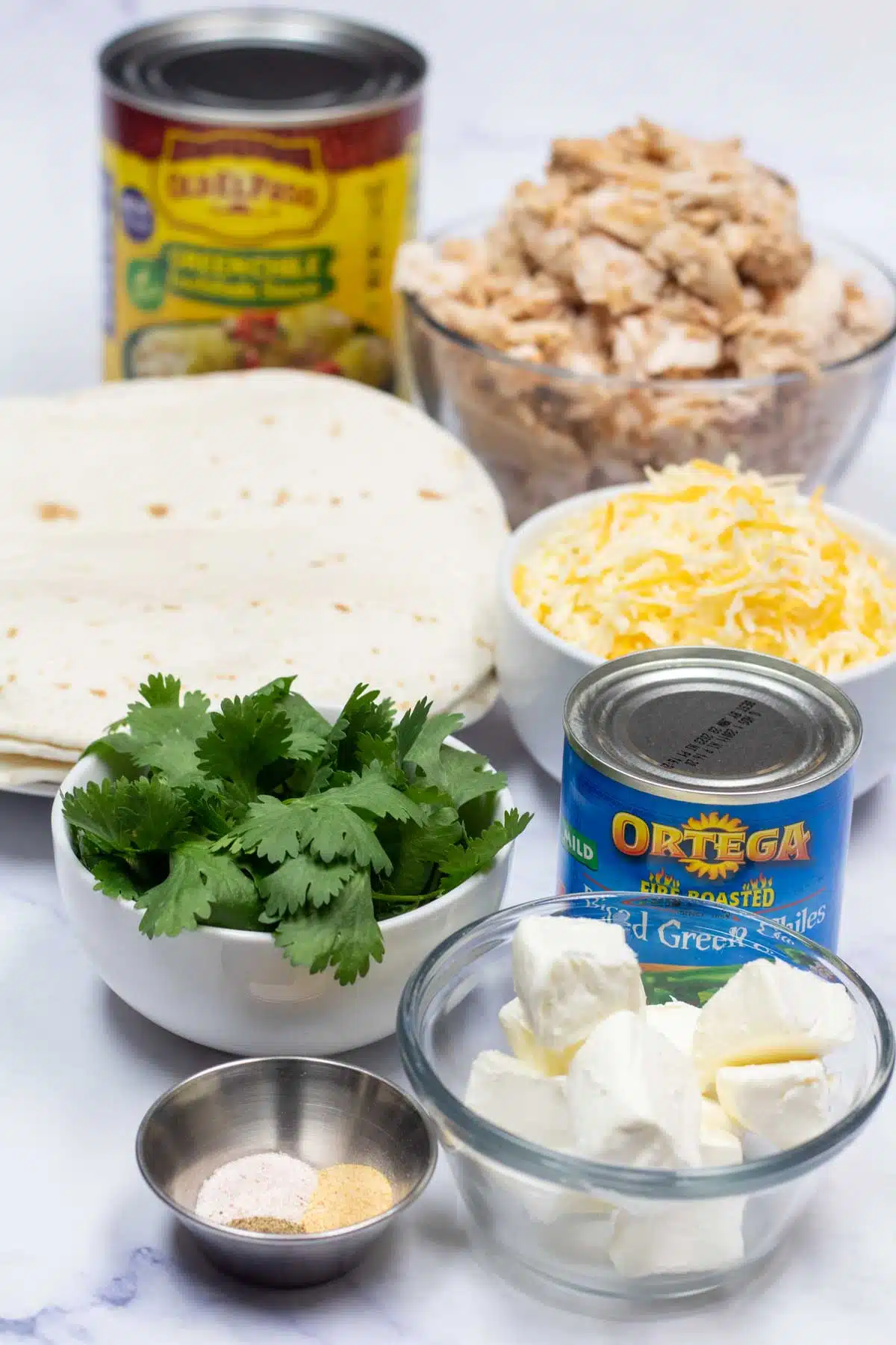 Tall image showing chicken enchiladas with green sauce ingredients.