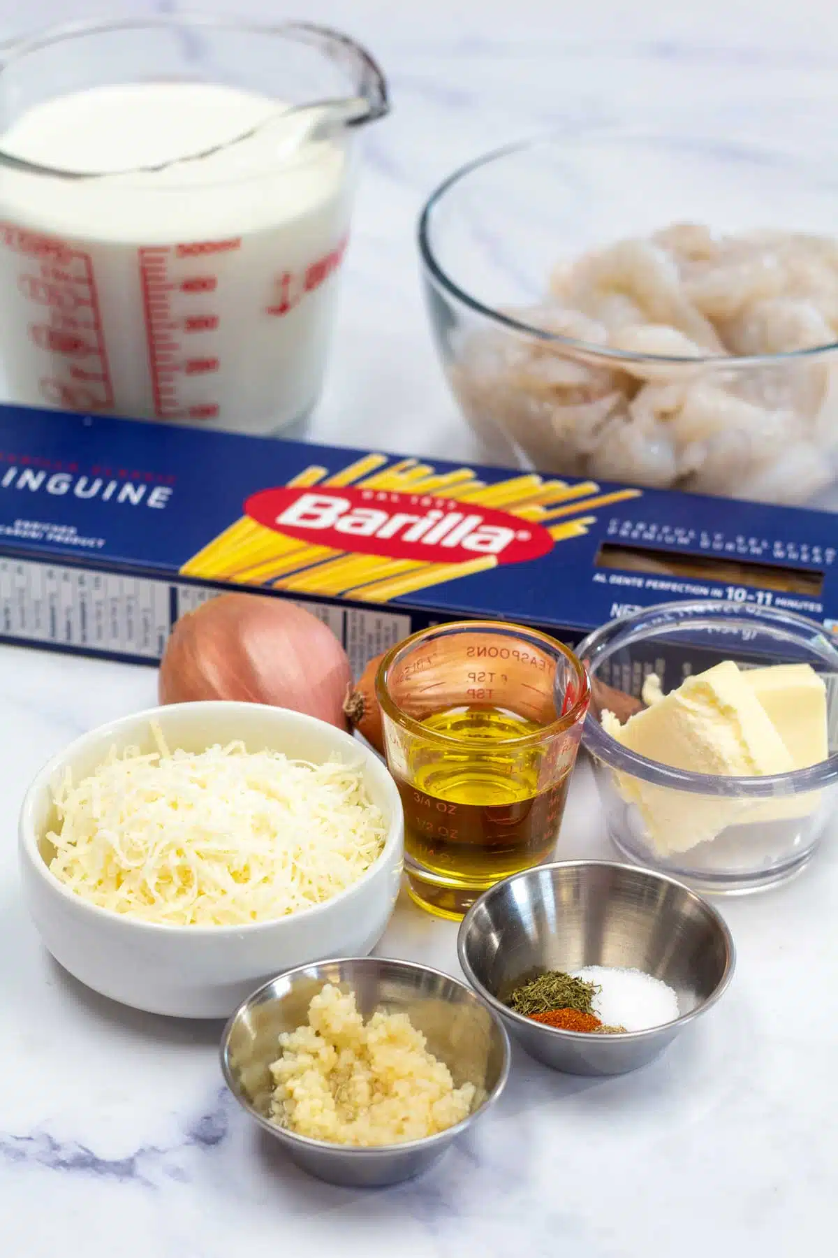 Creamy prawn pasta ingredients.
