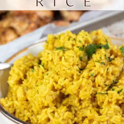 Pin image with text of curry rice in a bowl.