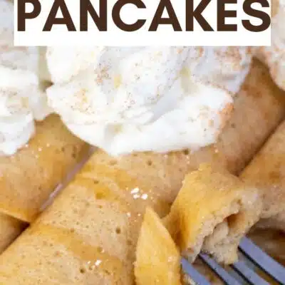 Pin image with text showing Dutch pancakes (pannenkoek).