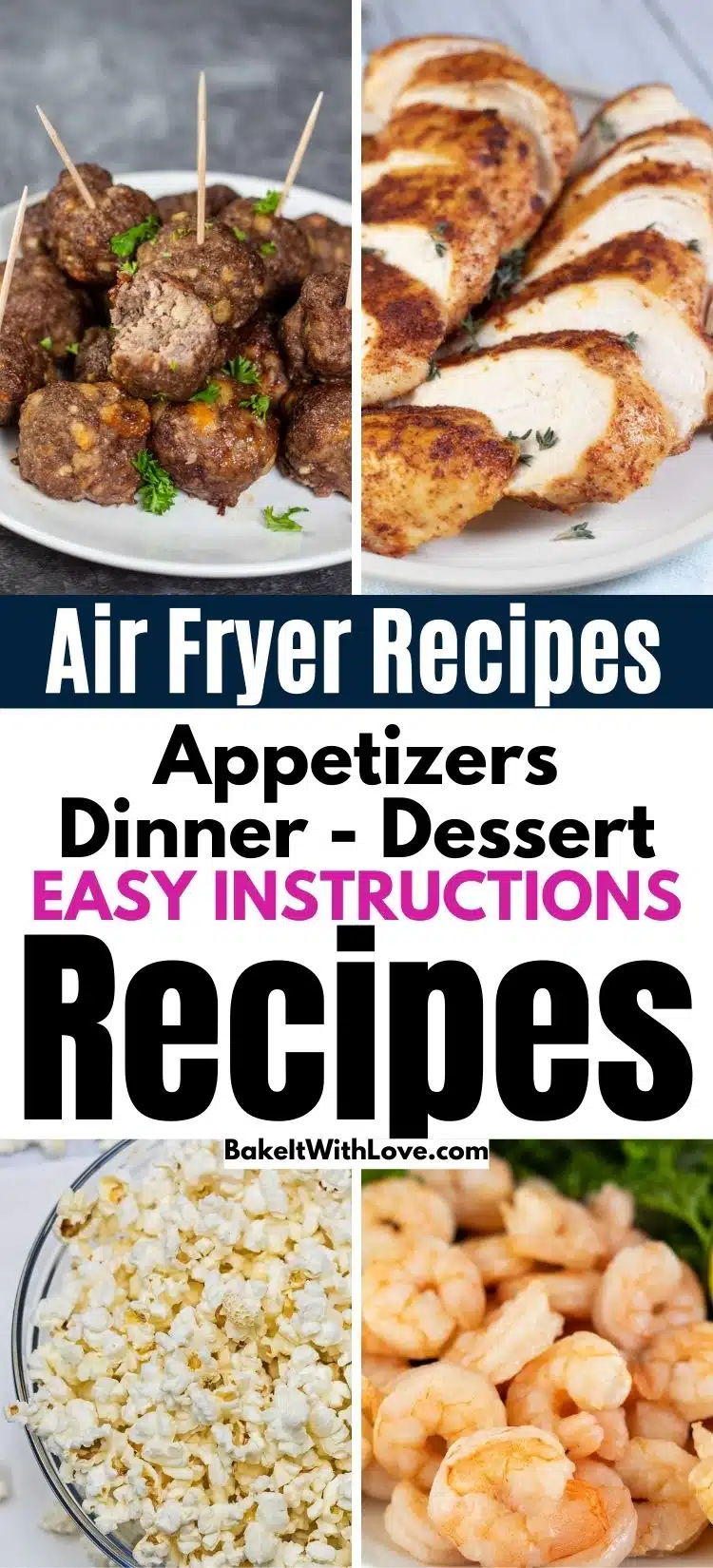 Pin split image with text showing different air fryer recipe ideas.