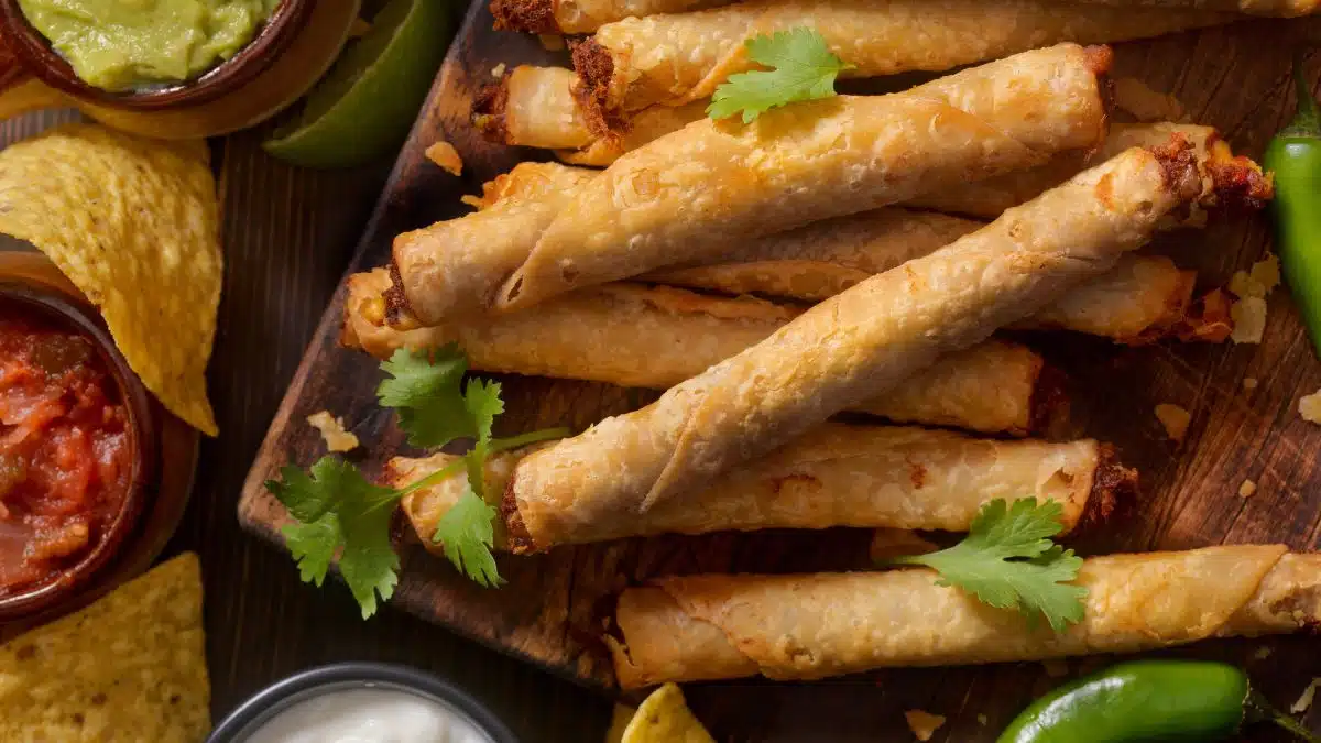 Wide image of ground beef taquitos.