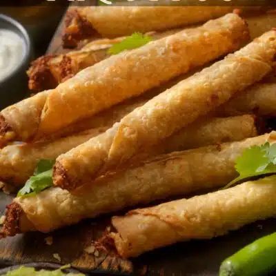Pin image with text of ground beef taquitos.