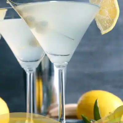 Pin image with text of lemon drop martini.