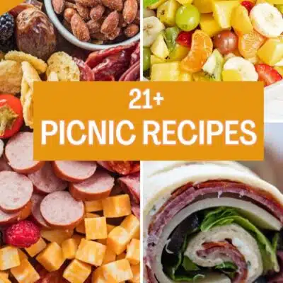 Pin split image with text showing different picnic recipe ideas.