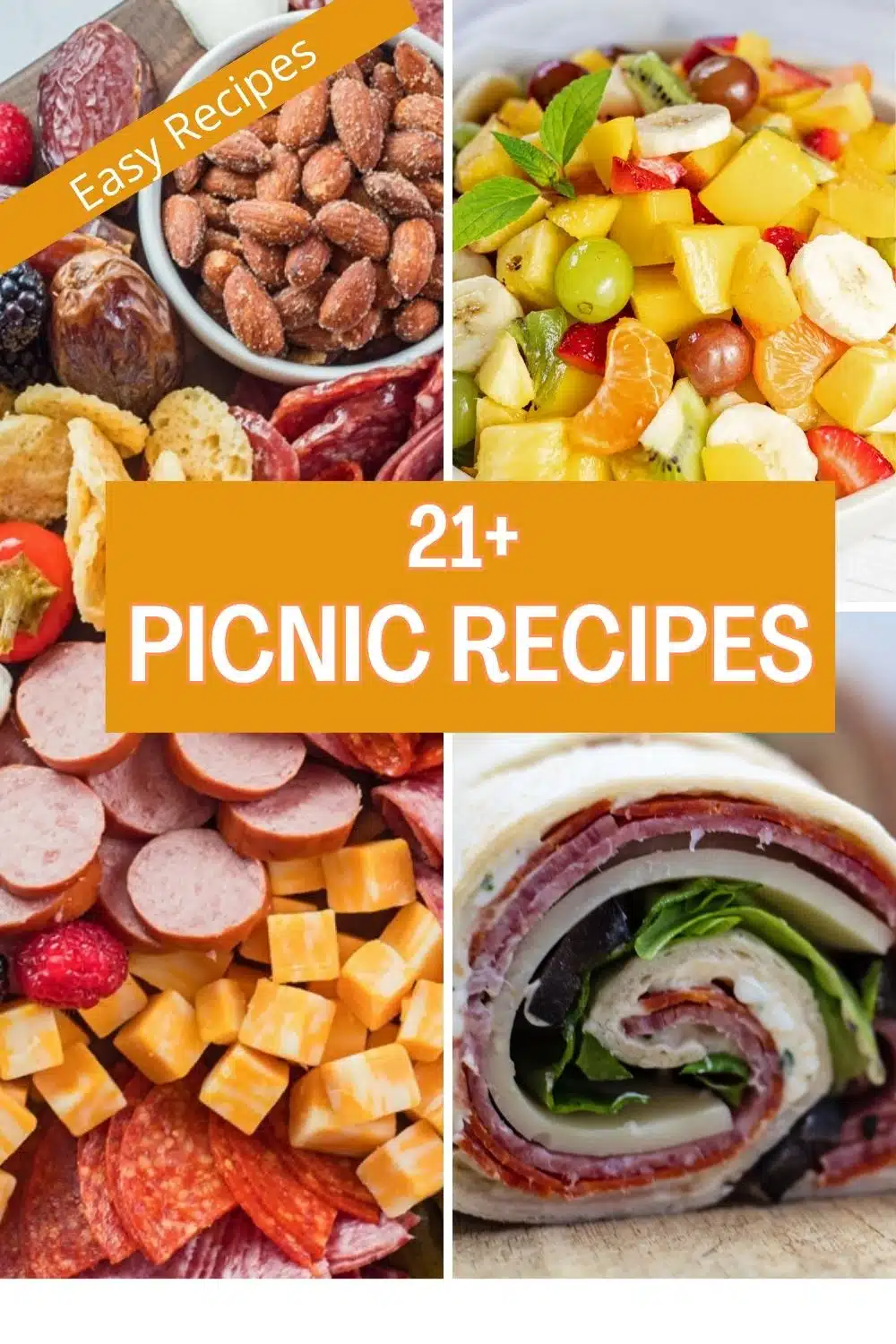 Pin split image with text showing different picnic recipe ideas.