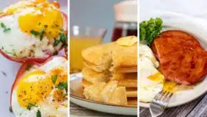 Wide split image showing different quick ideas for weekday breakfast.