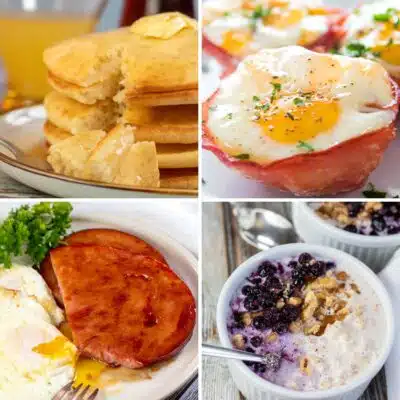 Square split image showing different quick ideas for weekday breakfast.