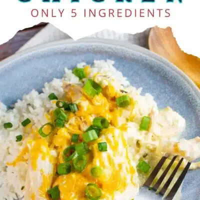 Pin image with text of slow cooker Ranch chicken over white rice.