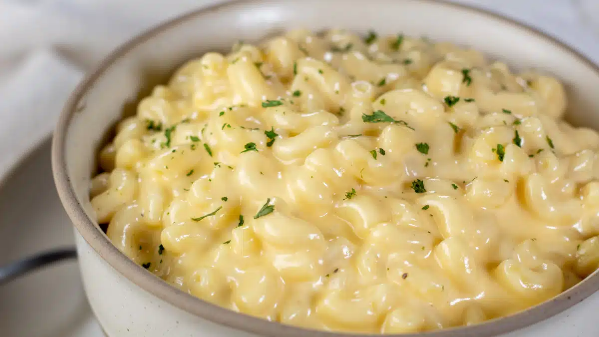 Wide image of sour cream macaroni and cheese.