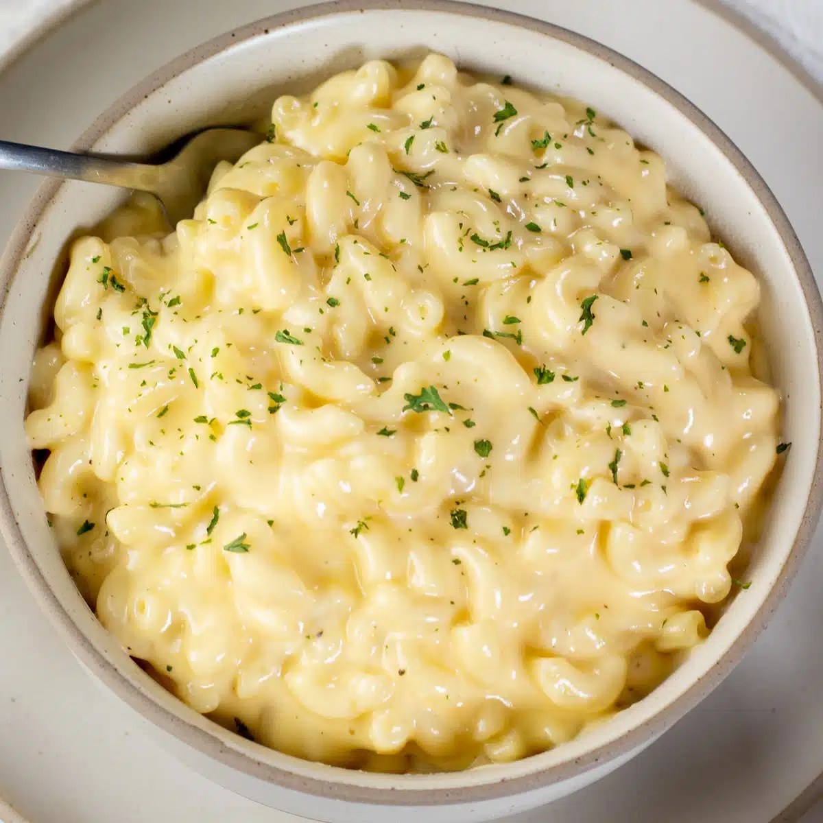 Square image of sour cream macaroni and cheese.