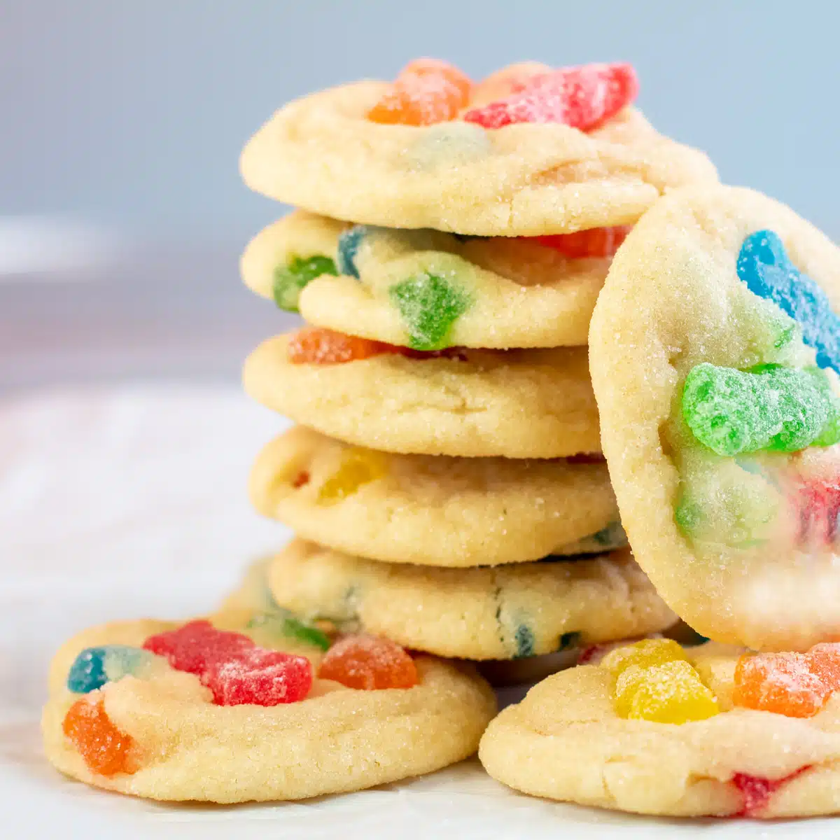 Square image of sour patch kids cookies.