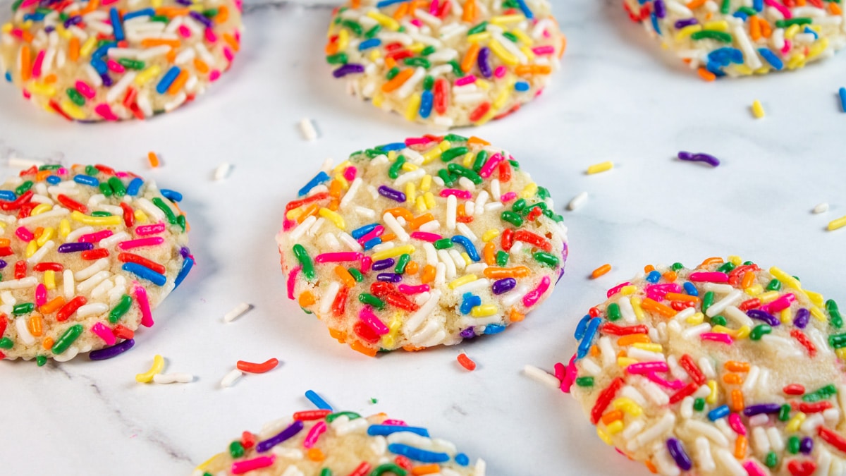 Wide image of sprinkle cookies.