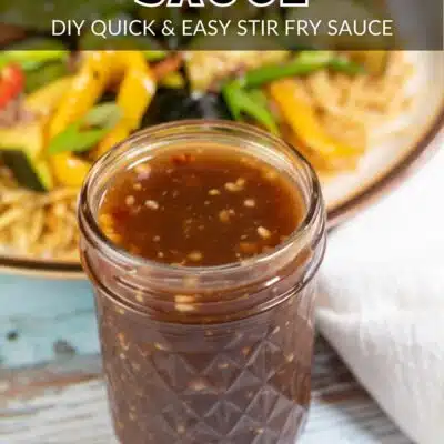 Pin image with text showing a glass jar of stir fry sauce.