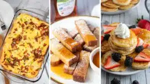 Wide split image showing different ideas for Sunday breakfasts.
