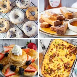 Square split image showing different ideas for Sunday breakfasts.