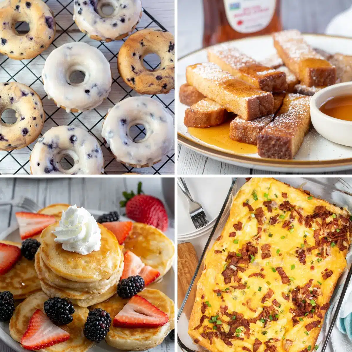 Square split image showing different ideas for Sunday breakfasts.