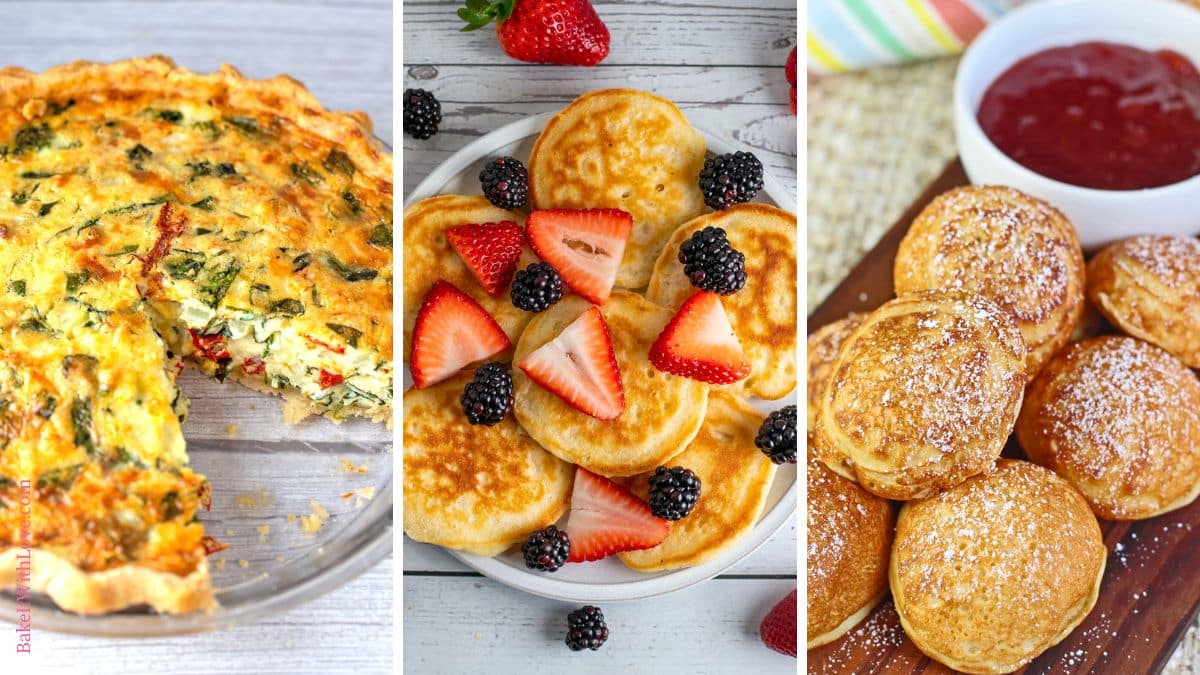 A wide trio of tall images showing sun-dried tomato quiche, mini silver dollar pancakes, and puffed dutch pancakes with a fruity dipping sauce.