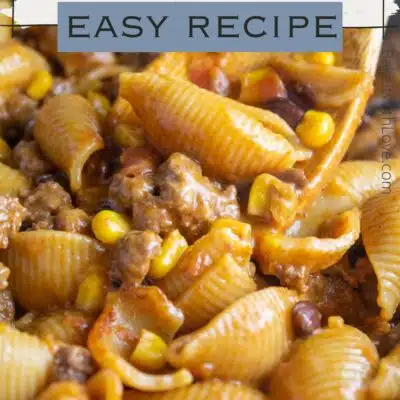 Pin image with text of taco pasta.