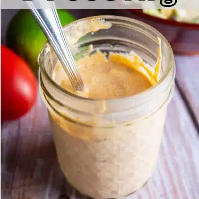 Pin image with text of Tex-Mex dressing in a glass jar.