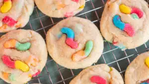 Wide image showing Trolli sour brite crawlers cookies.