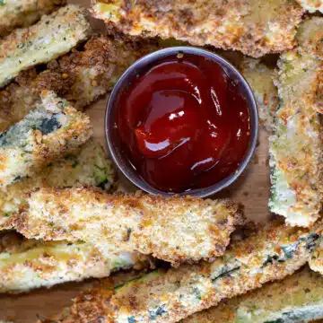 Wide image showing air fryer zucchini fries.