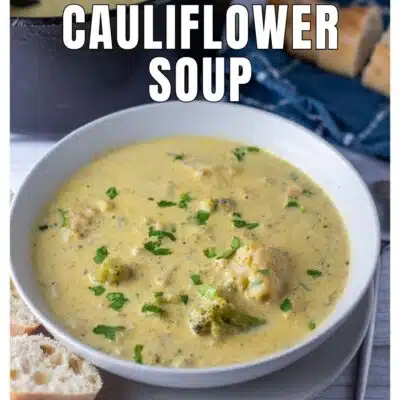 Pin image with text of broccoli cauliflower soup.