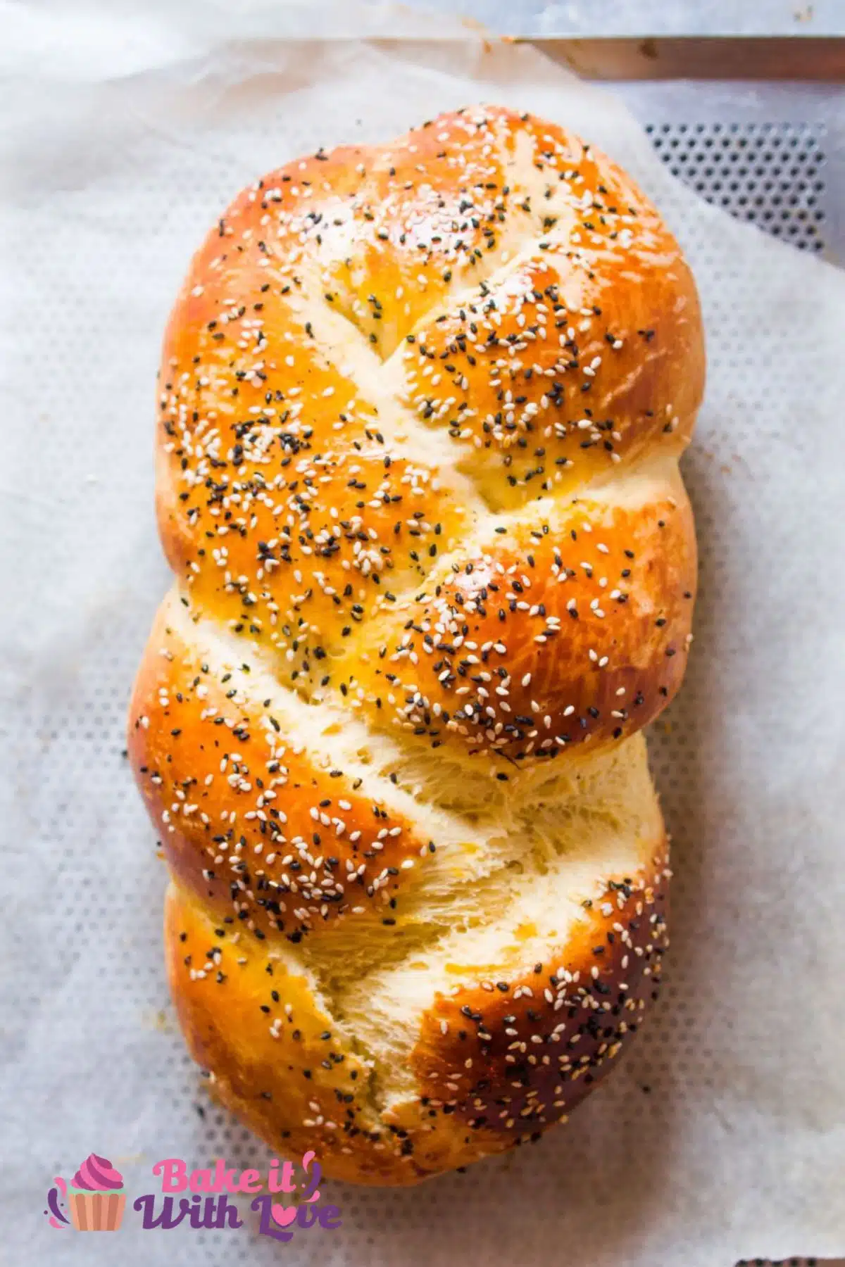Tall image of challah bread.