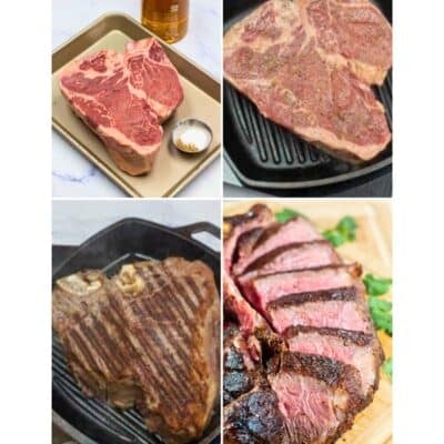 This four-panel image illustrates the preparation of "Bistecca alla Fiorentina," or Tuscan Porterhouse steak. It sequentially displays raw steaks with seasonings, the steaks placed in a hot grill pan, the cooking process with visible sear marks, and finally, the perfectly sliced, medium-rare steak on a cutting board, garnished with herbs.