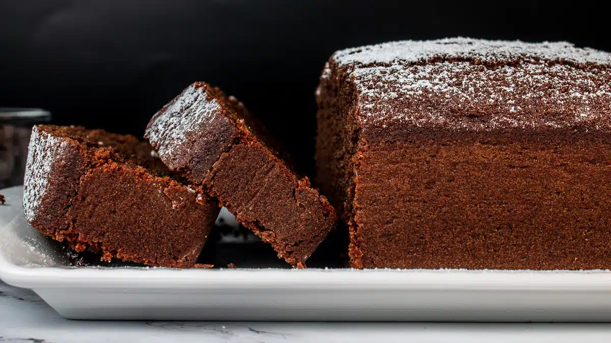 Wide image of chocolate loaf cake.